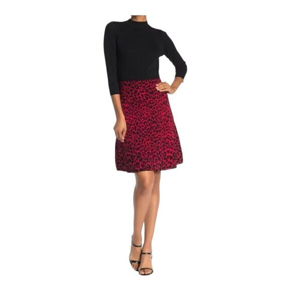 Nanette Lepore Black Red Long Sleeve Mock Neck Animal Print Sweater Dress XL - Picture 1 of 6